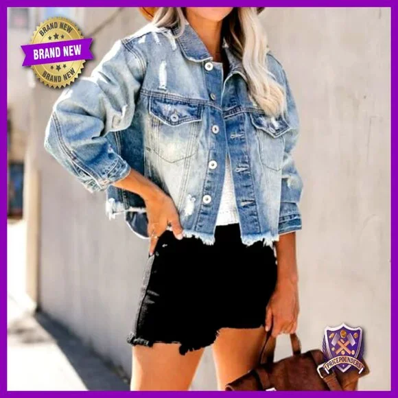 Cropped Distressed Denim Jacket Vintage Frayed Hem Oversized Boyfriend Fit